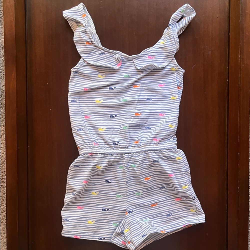Vineyard Vines Girls Striped Ruffle Romper with Whale Print